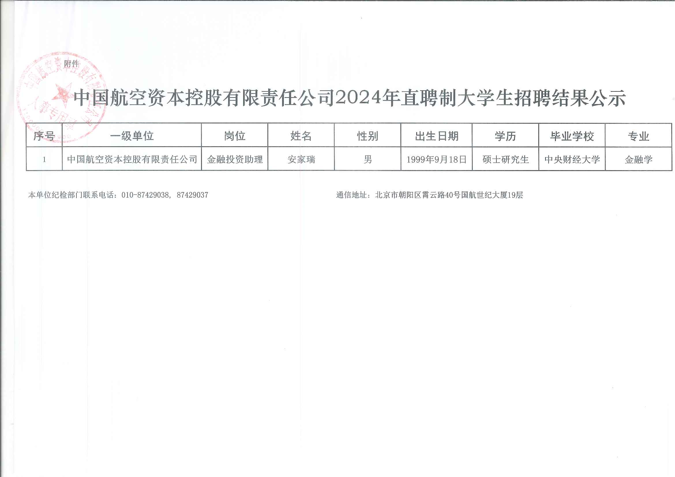 中国航空资本控股有限责任公司投资岗位2024年度高校毕业生校园招聘补录结果公示