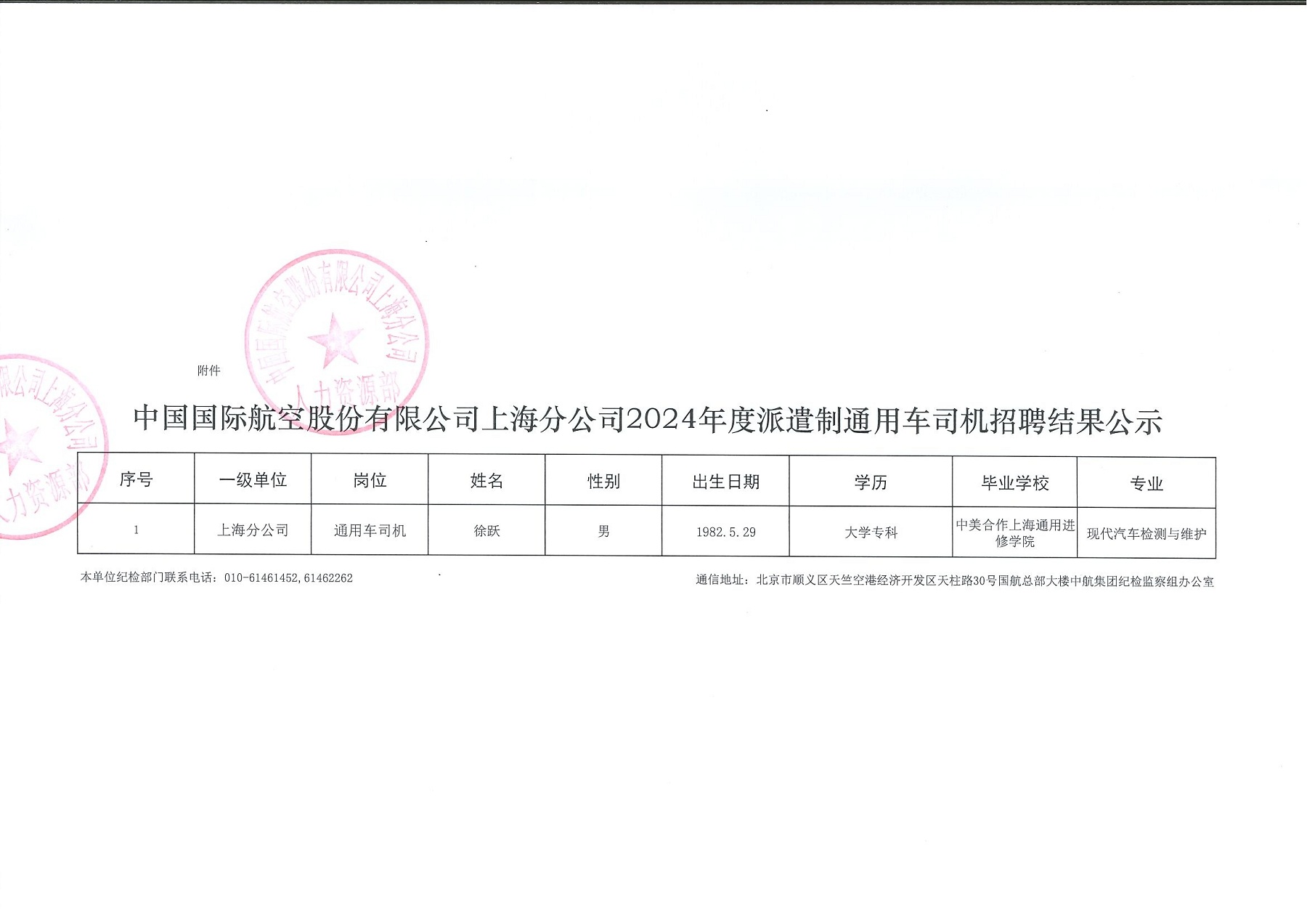 中国国际航空股份有限公司上海分公司2024年度派遣制通用车司机招聘结果公示