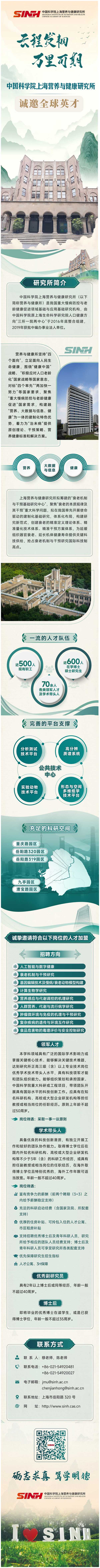 中国科学院上海营养与健康研究所诚邀海内外优秀人才!(常年开放)