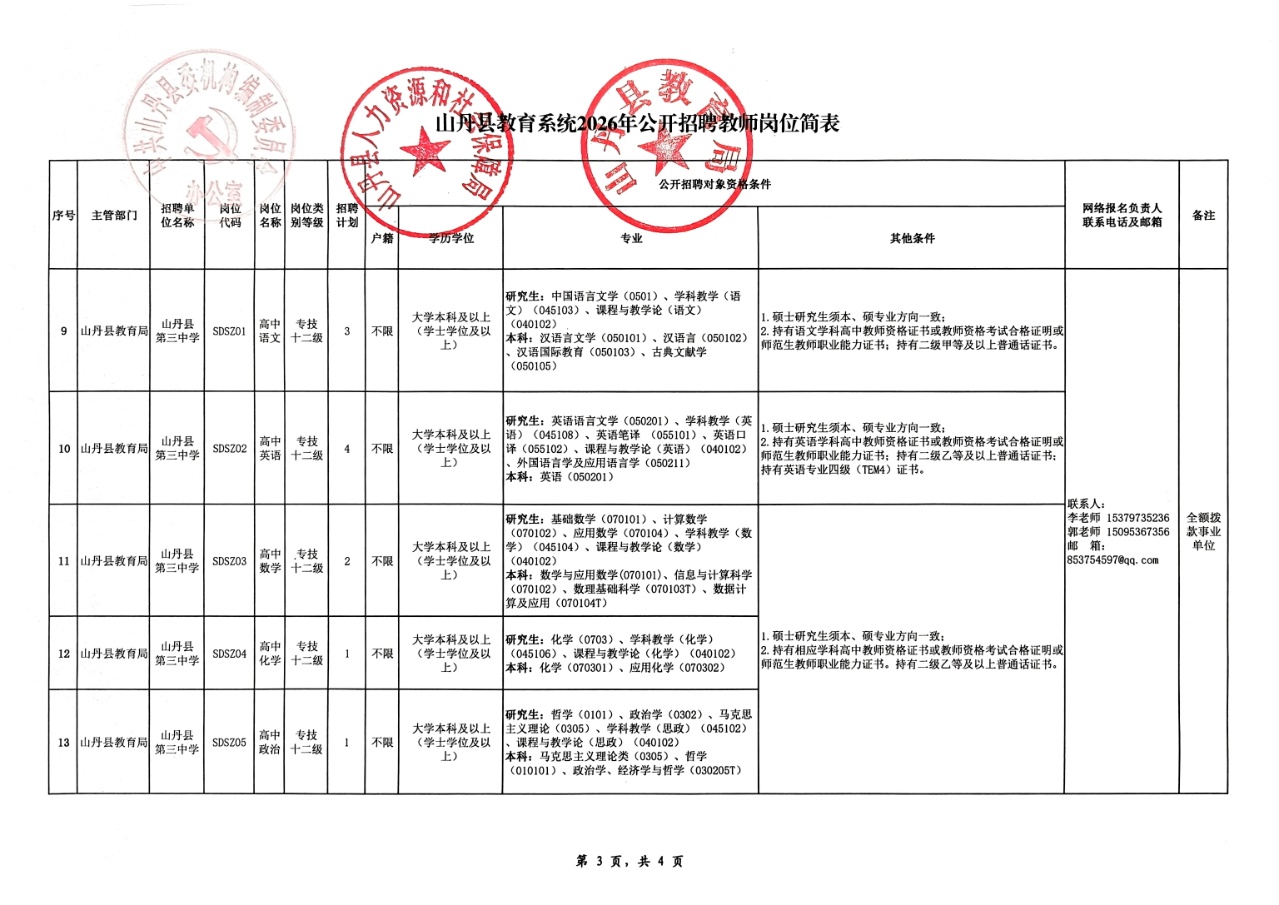 山丹县教育系统2026年公开招聘教师公告