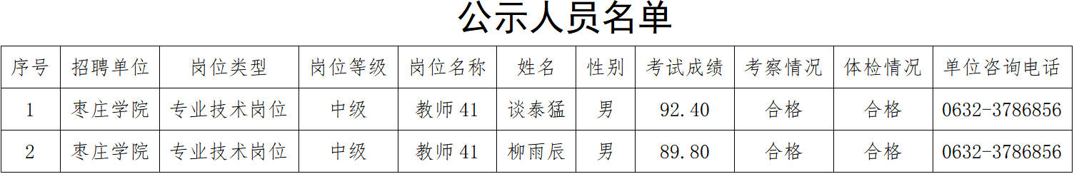 枣庄学院(人才工作处)2026年公开招聘中高级岗位工作人员公示名单(4)